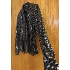 Audra‎ Womens Silk Hand Sequined Shirt Button Up XS Black Rainbow Impeccable